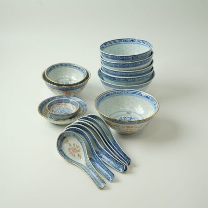 A Set of Six Chinese 20th Century Blue and White 'Dragon' Bowls with Seven Matching Spoons and Four Small Dishes