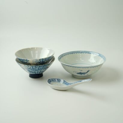 A Chinese Blue and White 'Fish' Bowl and Spoon AND Two Japanese Blue and White Bowls