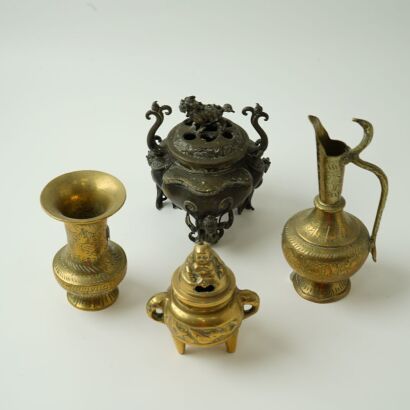 A Pair of Old Asian Bronze Incense Burners AND Two Small Bronze Bowls