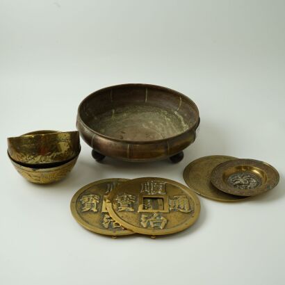A Group of Seven Old Asian Bronze Plates and Bowls
