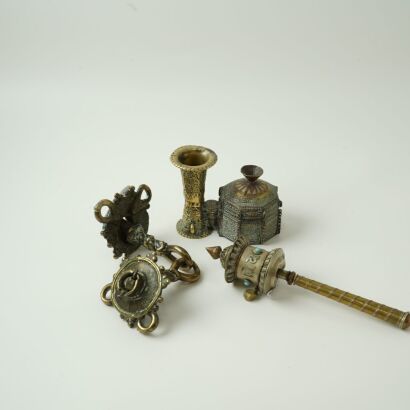 An Old Asian Bronze Prayer Wheel AND Two Small Bronze Objects