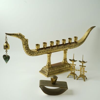 An Old Asian Bronze Dragon Boat Candlestick AND Two Happiness Candlesticks AND A Bronze Seal