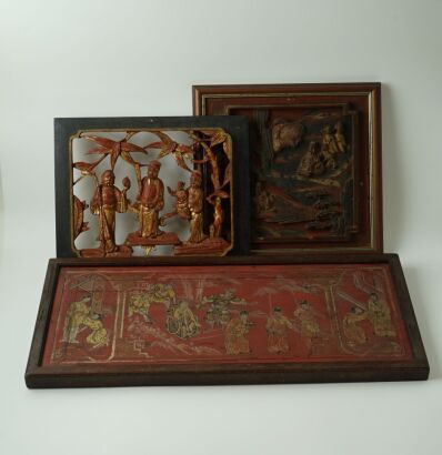 A Set of Three Chinese Qing Dynasty Gilt-decorated Red Lacquer Figural Wooden Panels