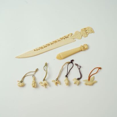 Two Chinese 20th Century Bone Carved Stationary AND A Group of Seven Bone Carved Animal Pendants