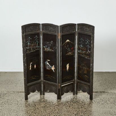 A Japanese 20th Century Black Lacquer Inlaid Shell &lsquo;Figural and Landscape&rsquo; Screen