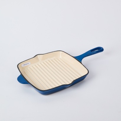 A Blue Cast Iron Square Ribbed Skillet Pan