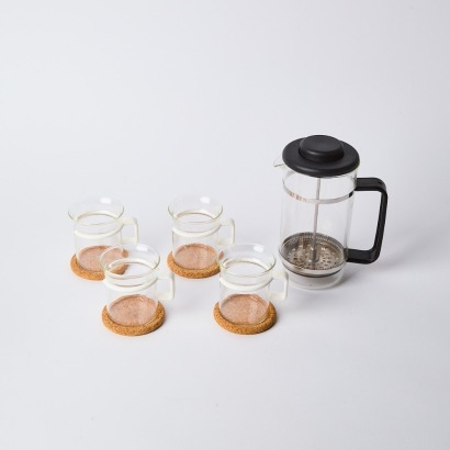 A Bodum Bistro Set - Coffee Press & Four White Cups with Cork Coasters