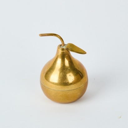 A 1970s Lidded Heavy Brass Pear Container with Stalk & Leaf Detail