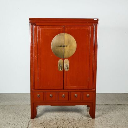 A Chinese 20th Century Red Lacquer Two Doors Wardrobe