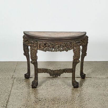 A Chinese Qing Dynasty Old Rosewood Half-Moon Table with High-Relief Carved Grape Motif and Stone Top