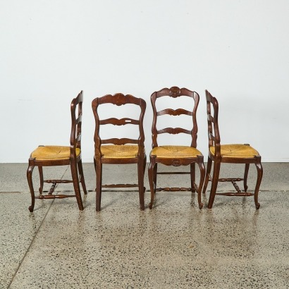 Four French Louis XV Rush Seat Dining Chairs
