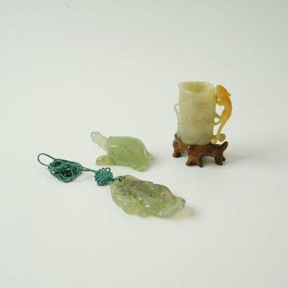 A Chinese Jade Chilong Cup AND A Small Green Jade Turtle AND A Jade Gourd Pendant