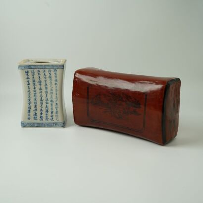 A Chinese Blue and White Porcelain Pillow AND A Red Lacquer Leather Pillow