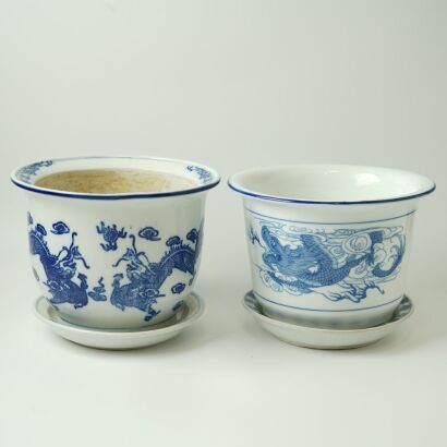 A Set of Two Chinese Blue and White ' Dragon' Flower Pots