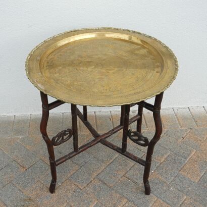 A Chinese Late 19th Century Large Brass Charger with Wooden Stand