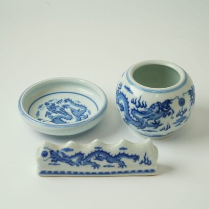 A Set of Three Chinese Blue and White Dragon Scholar's Objects