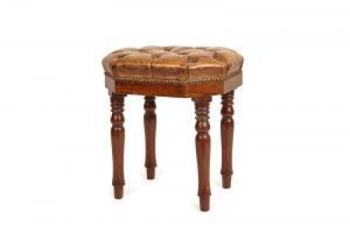 A Turned Legged Stool with Deep Buttoned Octagonal Top