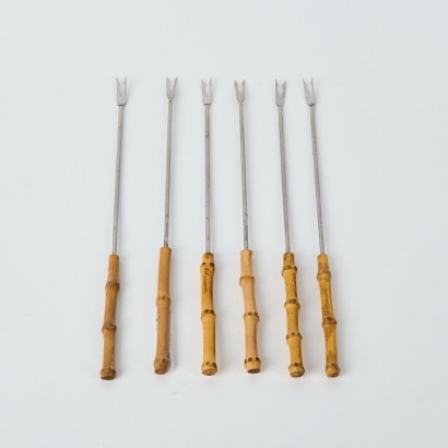 A Set of Six Retro Bamboo Handled Fondue forks