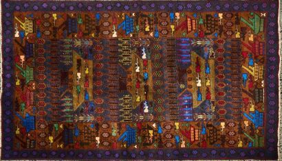 An Afghani War Rug with Gun, Grenade, and Tank Motif