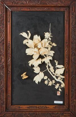 A Japanese Meiji Period Carved Ivory 'Floral and Butterfly' Panel