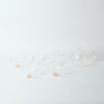 A Danish Glass Teapot and Four Teacups