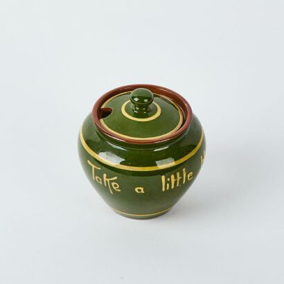 An English 'Take a Little Honey' Lidded Pottery Honey Pot