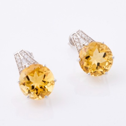 9ct White Gold, Round Mixed Cut, 11mm Citrine / .12ct Diamond Earrings