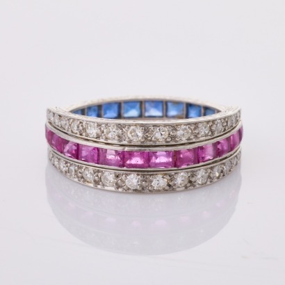 Platinum, Handmade, Vintage, Trifold Hinged 2.0mm Ruby / 2.0mm Sapphire / .24ct Diamond Eternity Ring