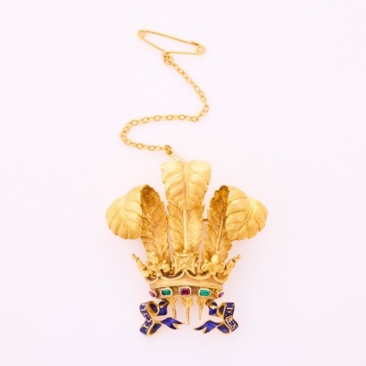 18ct Yellow Gold, Antique, Emerald / Ruby Set, 'Prince of Wales Feathers' Presentation Brooch with Box