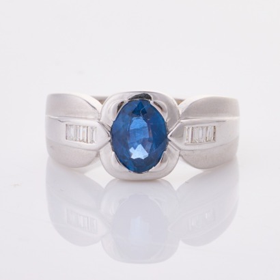 18ct White Gold, Modern, Oval Mixed Cut Sapphire / .16ct Diamond Ring