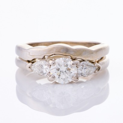 14ct White Gold, .90ct Three Stone Diamond Ring with Fitted Plain Band