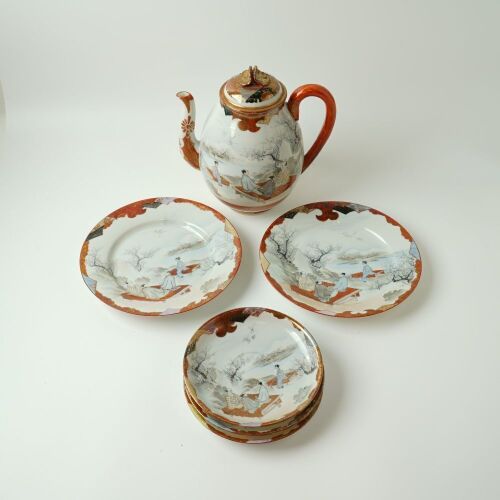 A Japanese Late Meiji Period Kyushu Ware Figural Teapot AND Three Dishes