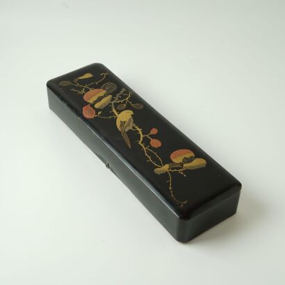 A Japanese Gilt-decorated Black Lacquer Floral and Bird Rectangular Box