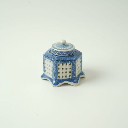 A Japanese Small Blue and White Ink Jar with Lid