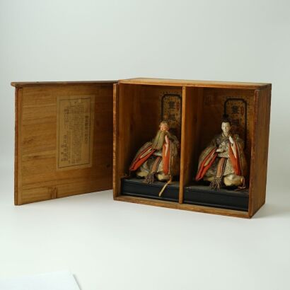 A Pair of Japanese Meiji Period Cloth Doll Deity Figures (With Original Box)