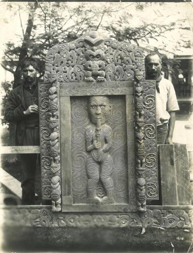 ATTRIBUTED TO JAMES MCDONALD Tene Waitere with carved door of Te Wharepuni a Māui