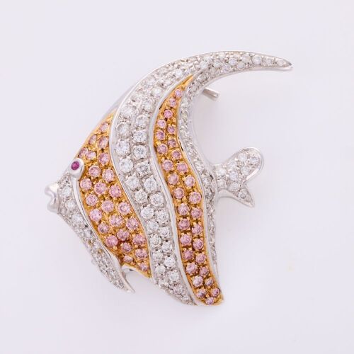 18ct White Gold, Modern, .94ct Pink / 1.45ct White Diamond /.02ct Ruby, 'Angel' Fish Brooch. - Near new