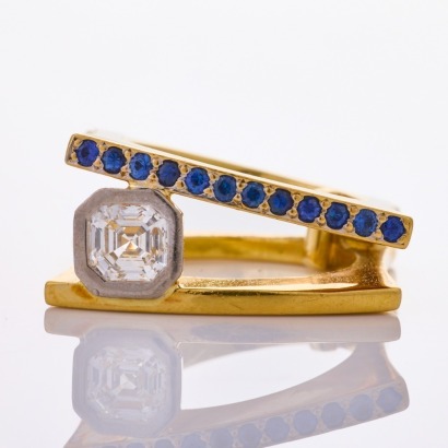 18ct Yellow Gold, Handmade, 1.03ct Asscher Cut Diamond / .60ct Sapphire Ring