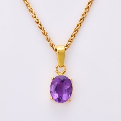 18ct Yellow Gold, Modern, Amethyst Pendant on 14ct Yellow Gold, 39cm Foxtail Chain