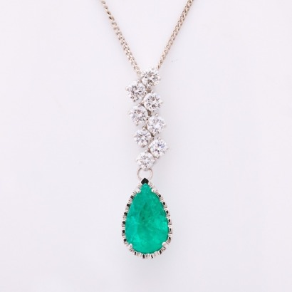 18ct White Gold, Modern, 2.26ct Colombian Emerald / 1.00ct Diamond Drop Pendant, on 40cm Platinum Chain - Near new