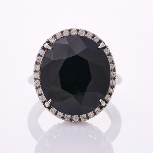 18ct White Gold, Large, 15.20ct Black Sapphire / .28ct Diamond Ring