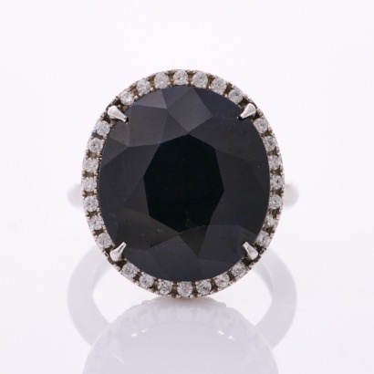 18ct White Gold, Large, 15.20ct Black Sapphire / .28ct Diamond Ring
