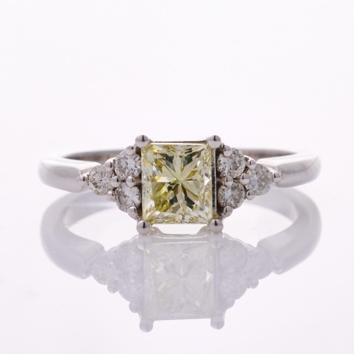 18ct White Gold, Modern, 1.00ct Fancy Light Yellow Diamond / .20ct Diamond Ring