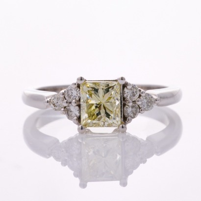 18ct White Gold, Modern, 1.00ct Fancy Light Yellow Diamond / .20ct Diamond Ring