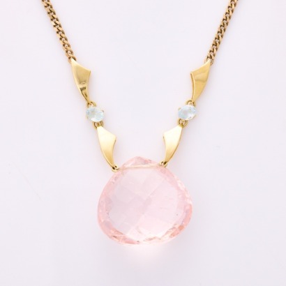 14ct Yellow Gold, 58ct Morganite / .70ct Aquamarine Pendant on 40.5cm, 9ct Yellow Gold Curb Chain