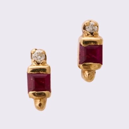 14ct Yellow Gold, Modern, Square Cut Ruby / .02ct Diamond Earrings