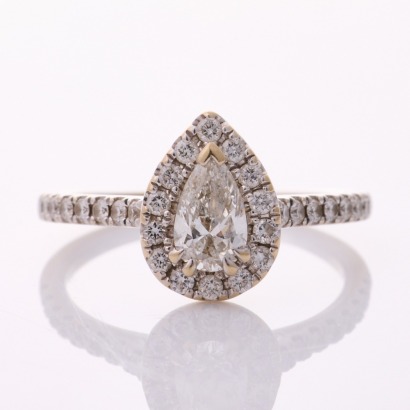 18ct White Gold, Modern, .88ct Pear Shape Diamond Halo Ring - GIA certified