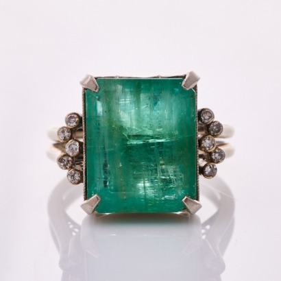 9ct White Gold / Palladium, Estate, 7.80ct Emerald / .10ct Diamond Ring