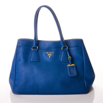 Prada, Blue Vitello Daino Leather Tote Bag