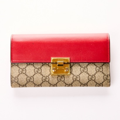 Gucci, Red / Fuchsia GG Coated Canvas Padlock Continental Wallet on Chain